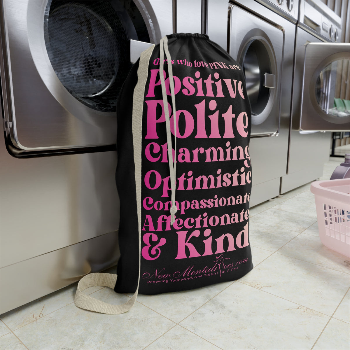 Pink Girl 4 Life Custom Black Laundry Bag – Double-Sided Inspirational Pink Girl Laundry Sack | Spun Polyester Drawstring Bag