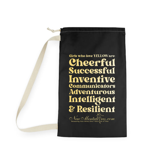 Yellow Girl 4 Life Black Laundry Bag – Double-Sided Inspirational Yellow Girl Laundry Sack | Spun Polyester Drawstring Bag