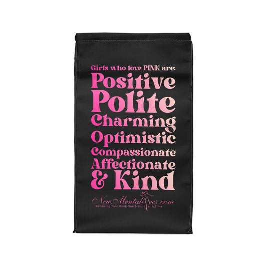 Pink Girl 4 Life Black Contrast Lunch Bag – Double-Sided Inspirational Pink Girl Lunch Tote | Insulated Lunch Bag | Girl Power Lunch Box