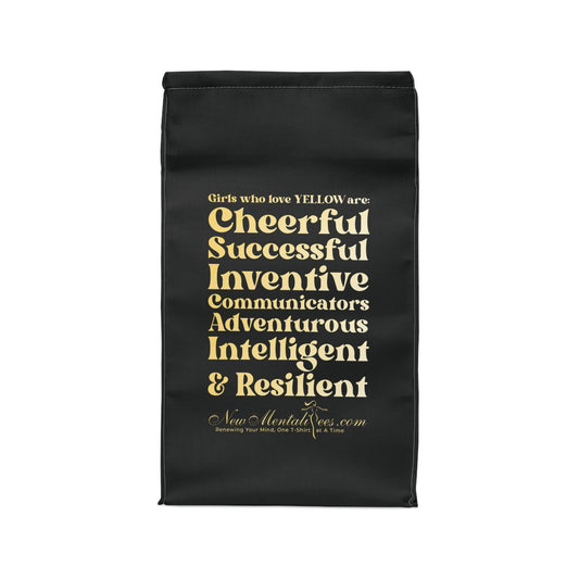 Yellow Girl 4 Life Black Contrast Lunch Bag – Double-Sided Inspirational Yellow Girl Lunch Tote | Insulated Lunch Bag | Girl Power Lunch Box