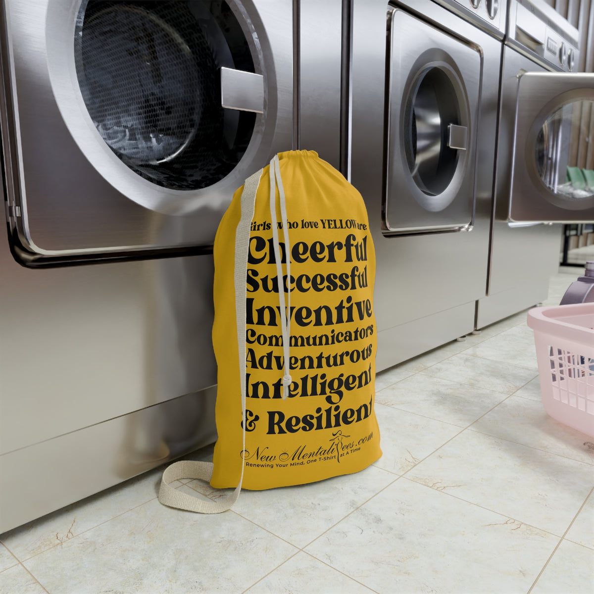 Yellow Girl 4 Life Laundry Bag – Double-Sided Inspirational Yellow Girl Laundry Sack | Spun Polyester Drawstring Bag