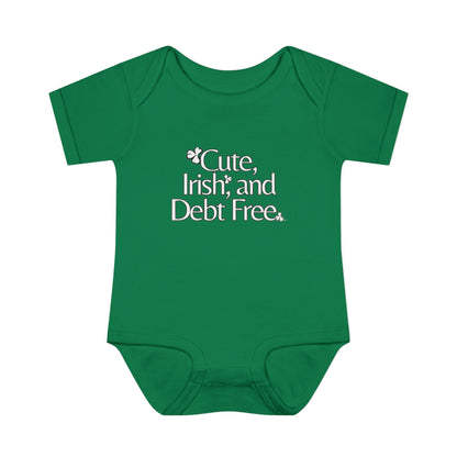 Adorable, Irish & Debt Free Onesie with Purpose! Perfect for St. Patrick's Day in Green, Pink, Black, White and Yellow!
