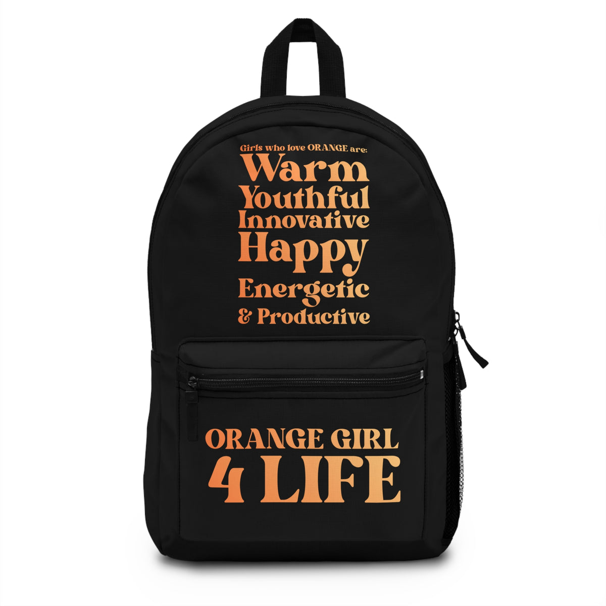 Orange Girl 4 Life Black Contrast Backpack – Inspirational Girls School Backpack | Girl Power Bookbag | Lightweight Travel & School Bag
