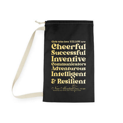 Yellow Girl 4 Life Black Laundry Bag – Double-Sided Inspirational Yellow Girl Laundry Sack | Spun Polyester Drawstring Bag