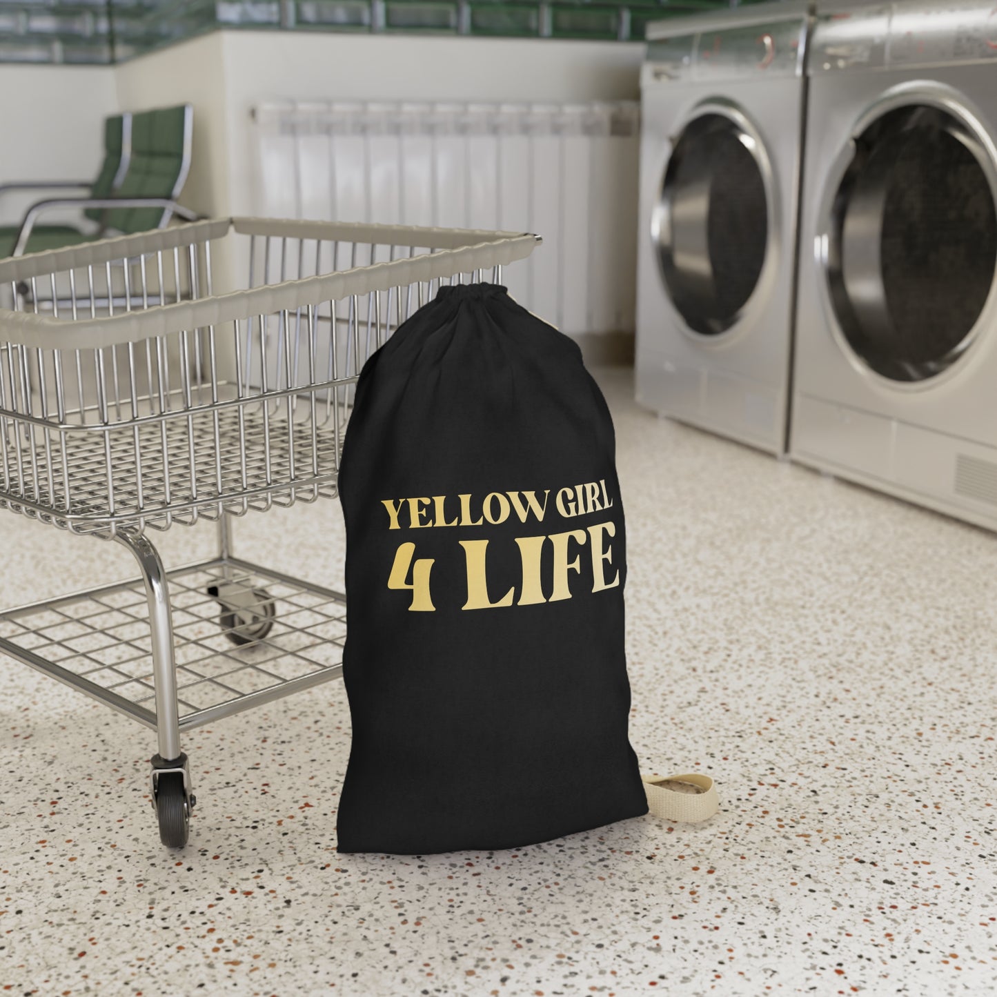 Yellow Girl 4 Life Black Laundry Bag – Double-Sided Inspirational Yellow Girl Laundry Sack | Spun Polyester Drawstring Bag
