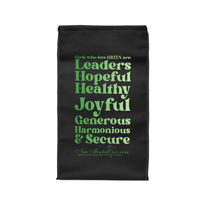 Green Girl 4 Life Black Contrast Lunch Bag – Double-Sided Inspirational Green Girl Lunch Tote | Insulated Lunch Bag | Girl Power Lunch Box