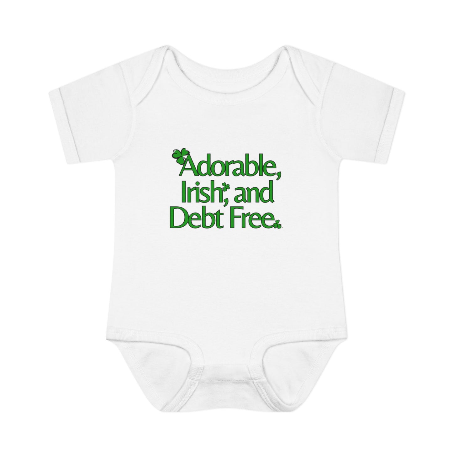 Adorable, Irish & Debt Free Onesie with Purpose! Perfect for St. Patrick's Day in Green, Pink, Black, White and Yellow!