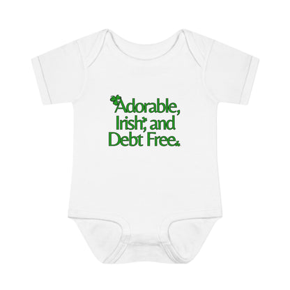 Adorable, Irish & Debt Free Onesie with Purpose! Perfect for St. Patrick's Day in Green, Pink, Black, White and Yellow!