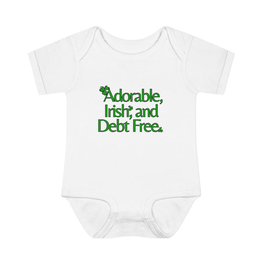 Adorable, Irish & Debt Free Onesie with Purpose! Perfect for St. Patrick's Day in Green, Pink, Black, White and Yellow!