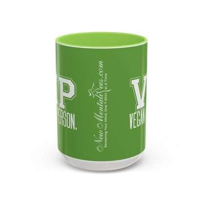 VIP Vegan Vegan In Person Plant Based Statement Mug | Light Green, Dark Green, Pink, Orange, Light Blue, Navy, Purple, Red, and Black