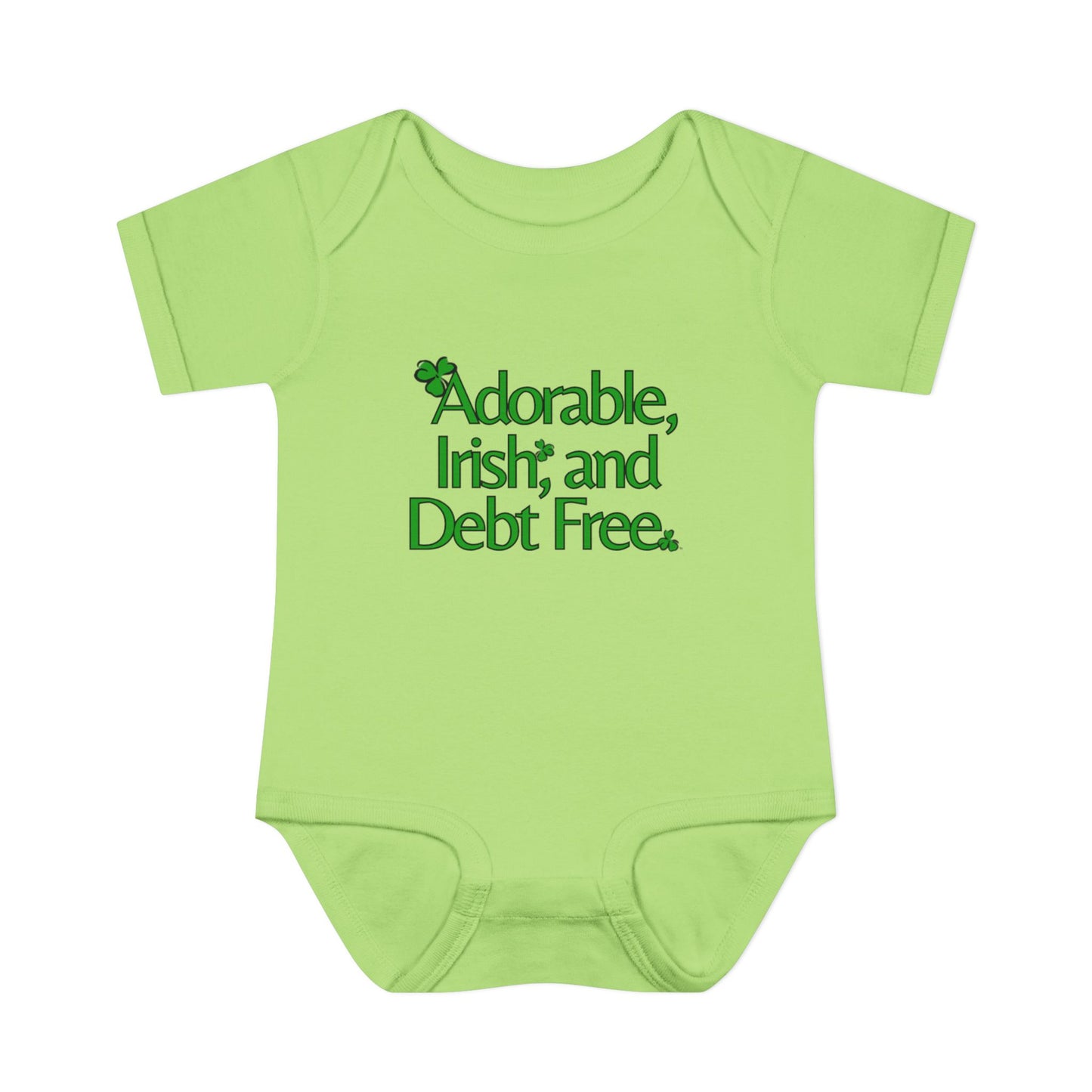 Adorable, Irish & Debt Free Onesie with Purpose! Perfect for St. Patrick's Day in Green, Pink, Black, White and Yellow!