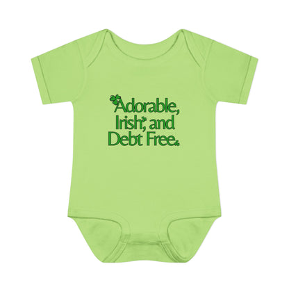 Adorable, Irish & Debt Free Onesie with Purpose! Perfect for St. Patrick's Day in Green, Pink, Black, White and Yellow!
