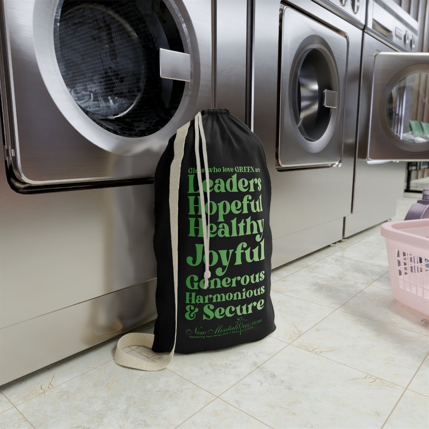 Green Girl 4 Life Black Laundry Bag – Double-Sided Inspirational Green Girl Laundry Sack | Spun Polyester Drawstring Bag