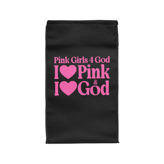 💗 Pink Girls 4 God Black Contrast Lunch Tote – Double-Sided Inspirational Pink Girls Faith Lunch Bag | Insulated Lunch Bag