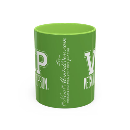 VIP Vegan Vegan In Person Plant Based Statement Mug | Light Green, Dark Green, Pink, Orange, Light Blue, Navy, Purple, Red, and Black