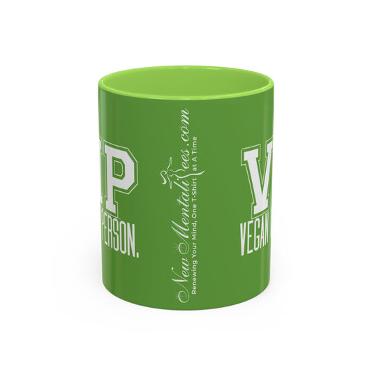 VIP Vegan Vegan In Person Plant Based Statement Mug | Light Green, Dark Green, Pink, Orange, Light Blue, Navy, Purple, Red, and Black