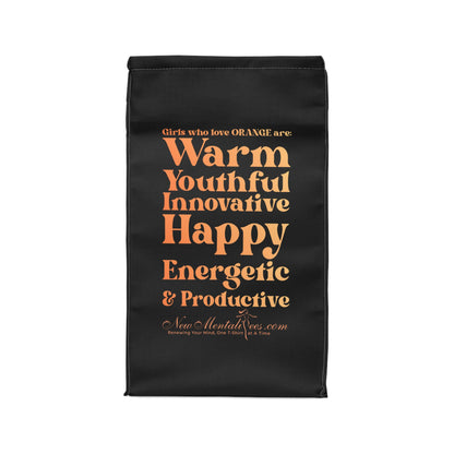 Orange Girl 4 Life Black Contrast Lunch Bag – Double-Sided Inspirational Orange Girl Lunch Tote | Insulated Lunch Bag | Girl Power Lunch Box