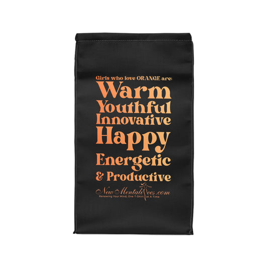 Orange Girl 4 Life Black Contrast Lunch Bag – Double-Sided Inspirational Orange Girl Lunch Tote | Insulated Lunch Bag | Girl Power Lunch Box