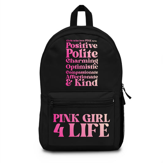 Pink Girl 4 Life Black Contrast Backpack – Inspirational Girls School Backpack | Girl Power Bookbag | Lightweight Travel & School Bag