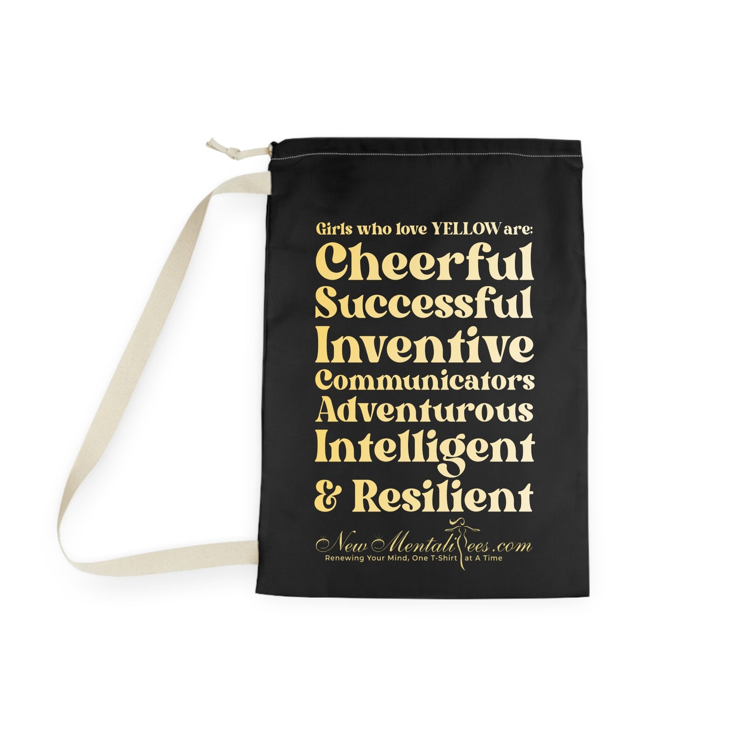 Yellow Girl 4 Life Black Laundry Bag – Double-Sided Inspirational Yellow Girl Laundry Sack | Spun Polyester Drawstring Bag