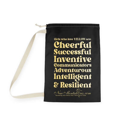 Yellow Girl 4 Life Black Laundry Bag – Double-Sided Inspirational Yellow Girl Laundry Sack | Spun Polyester Drawstring Bag