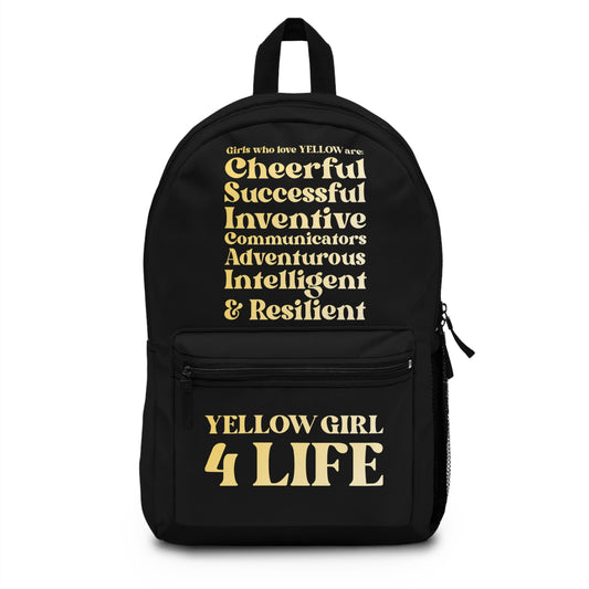 Yellow Girl 4 Life Black Contrast Backpack – Inspirational Girls School Backpack | Girl Power Bookbag | Lightweight Travel, School & Everyday Bag
