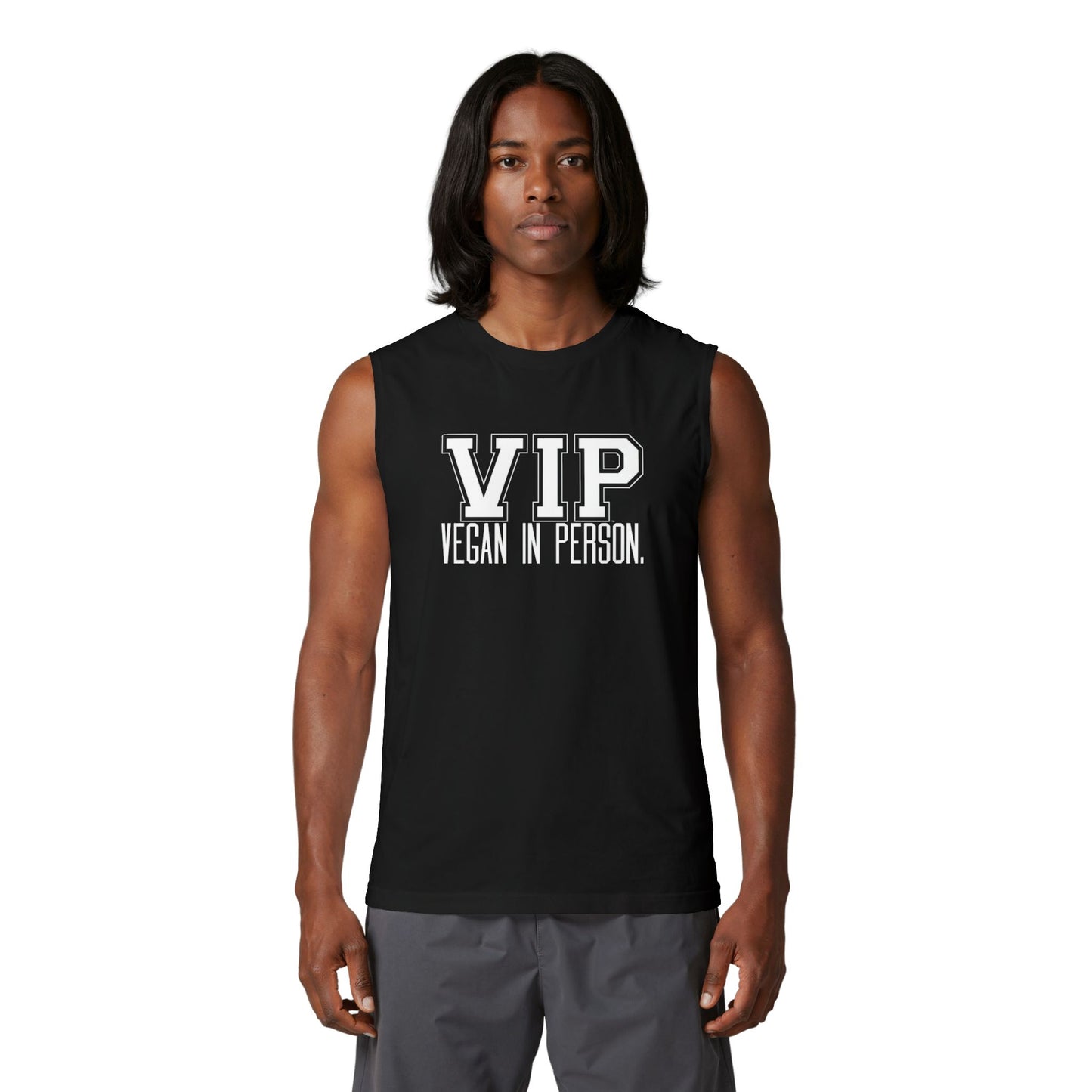 VIP Vegan Men’s Tank Top – Vegan In Person Statement Tank for Men | Plant-Based Lifestyle Muscle Tank | Healthy Living Workout & Summer Tank Top