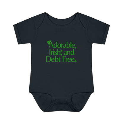 Adorable, Irish & Debt Free Onesie with Purpose! Perfect for St. Patrick's Day in Green, Pink, Black, White and Yellow!