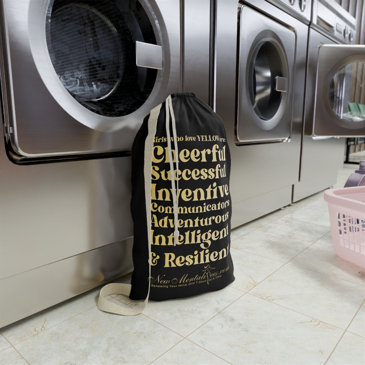 Yellow Girl 4 Life Black Laundry Bag – Double-Sided Inspirational Yellow Girl Laundry Sack | Spun Polyester Drawstring Bag