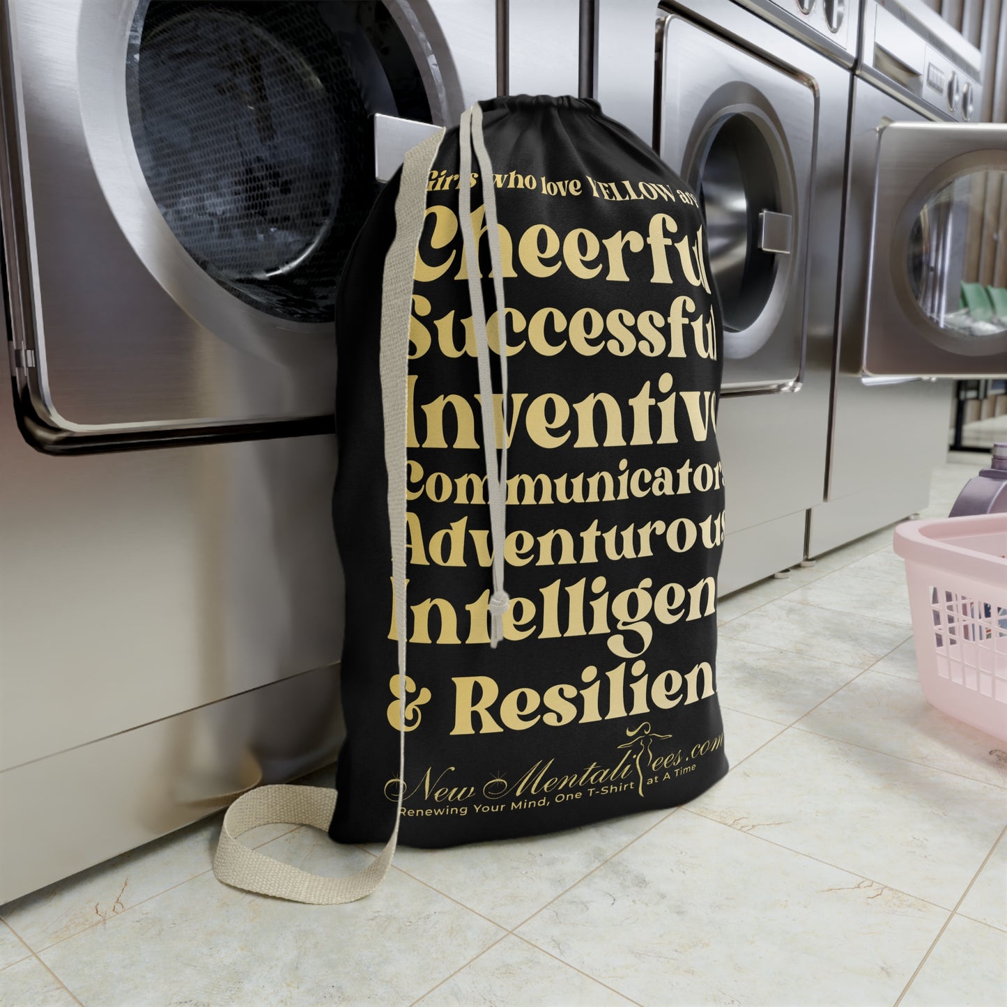 Yellow Girl 4 Life Black Laundry Bag – Double-Sided Inspirational Yellow Girl Laundry Sack | Spun Polyester Drawstring Bag