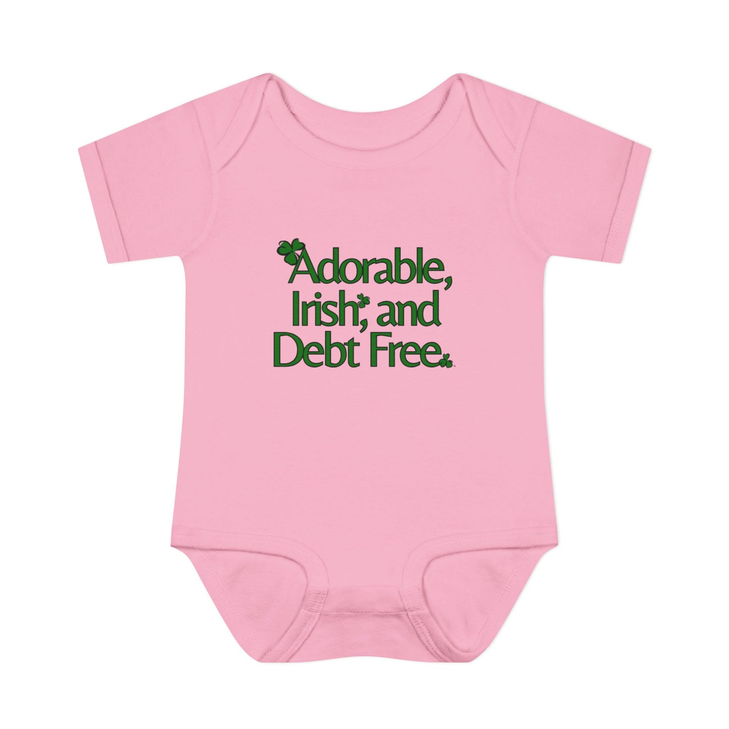 Adorable, Irish & Debt Free Onesie with Purpose! Perfect for St. Patrick's Day in Green, Pink, Black, White and Yellow!