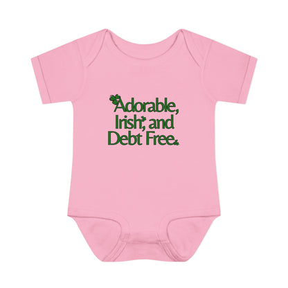 Adorable, Irish & Debt Free Onesie with Purpose! Perfect for St. Patrick's Day in Green, Pink, Black, White and Yellow!