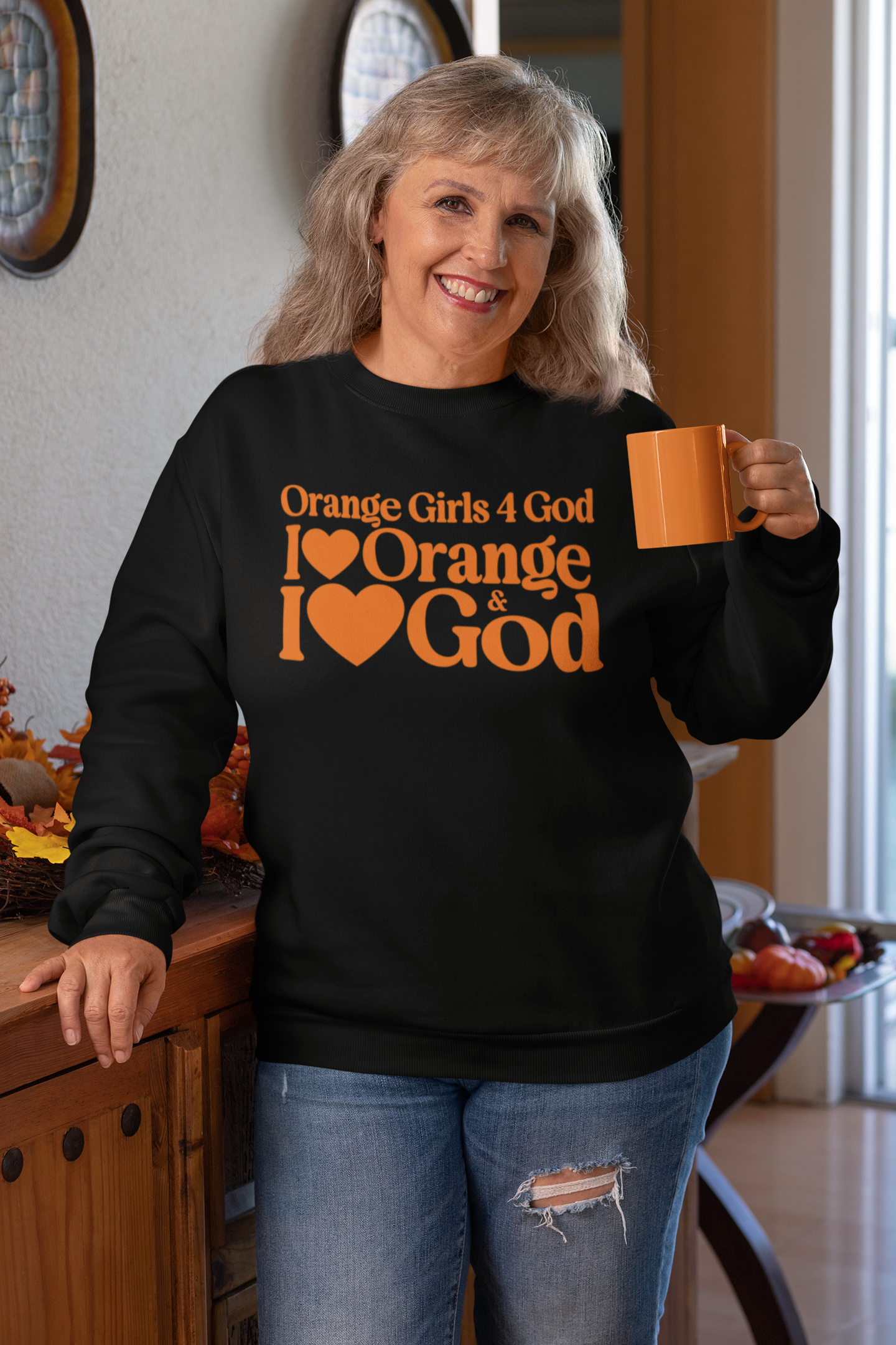 Orange Girls 4 God Adult Sweatshirt | Black Contrast