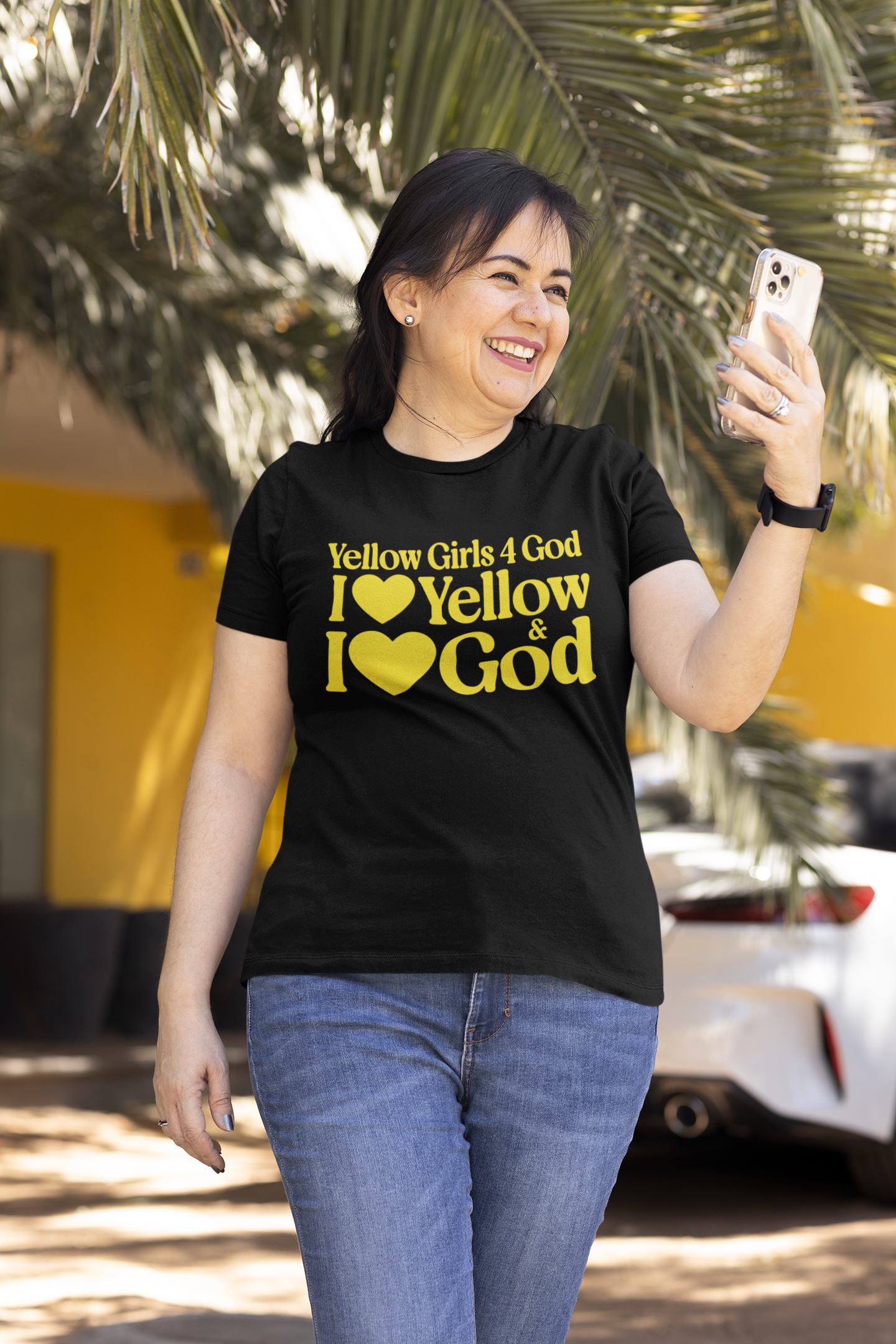 Yellow Girls 4 God Adult T-shirt | Black Contrast