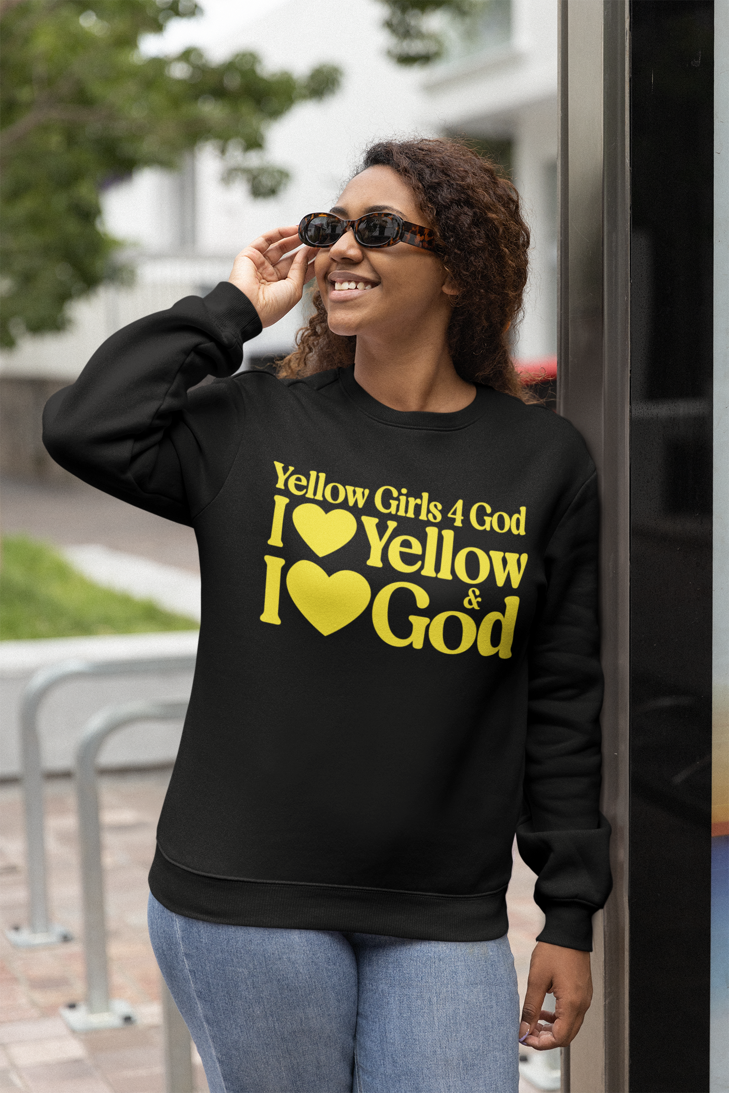 Yellow Girls 4 God Adult Sweatshirt | Black Contrast