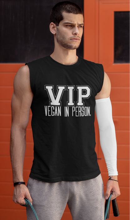 VIP Vegan Men’s Tank Top – Vegan In Person Statement Tank for Men | Plant-Based Lifestyle Muscle Tank | Healthy Living Workout & Summer Tank Top