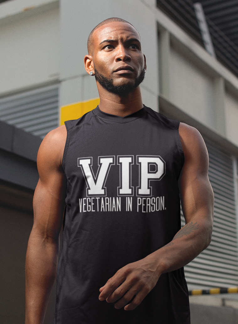 VIP Vegetarian Men’s Tank Top – Vegetarian In Person Statement Tank for Men | Plant-Based Lifestyle Muscle Tank | Healthy Living Workout & Summer Tank Top