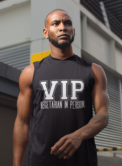 VIP Vegetarian Men’s Tank Top – Vegetarian In Person Statement Tank for Men | Plant-Based Lifestyle Muscle Tank | Healthy Living Workout & Summer Tank Top