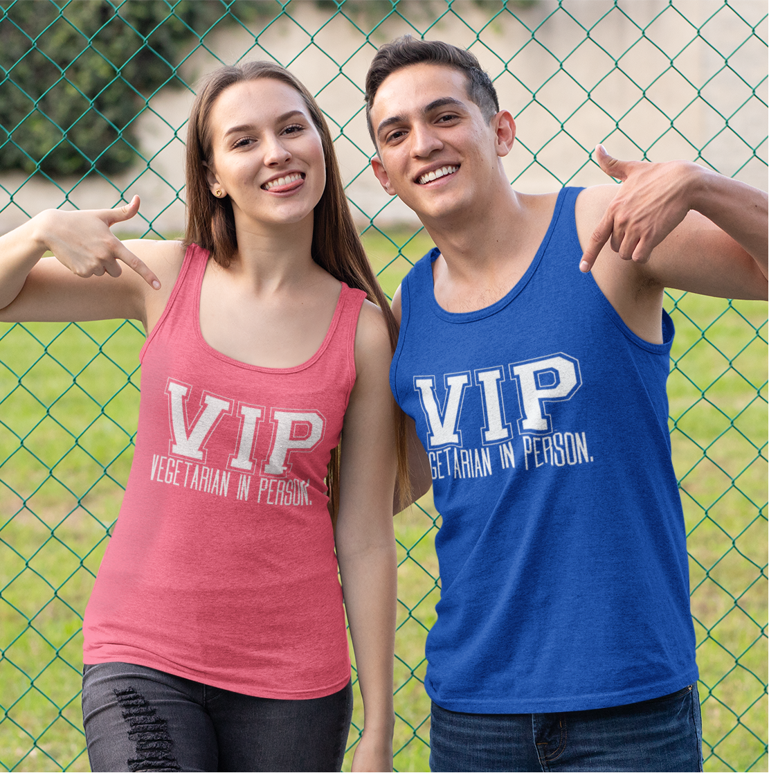 VIP Vegetarian Unisex Tank Top – Vegetarian In Person Healthy Lifestyle Statement Tank | Vegetarian Gift | Summer Tank