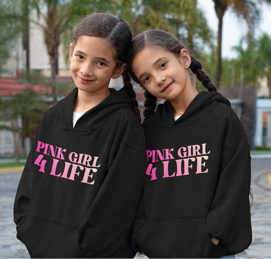 Pink Girl 4 Life Hoodie - Cute Youth Black Graphic Hoodie, Positive Affirmation Hoodie, Inspirational Gift