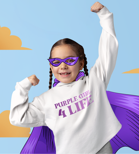 Purple Girl 4 Life Hoodie - Cute Youth White Graphic Hoodie, Inspirational Hoodie, Positive Affirmation Hoodie, Purple Fashion