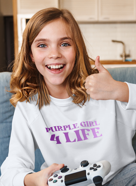Purple Girl 4 Life Sweatshirt - Cute Youth White Graphic Sweatshirt, Inspirational Sweatshirt, Positive Affirmation Sweatshirt, Purple Fashion