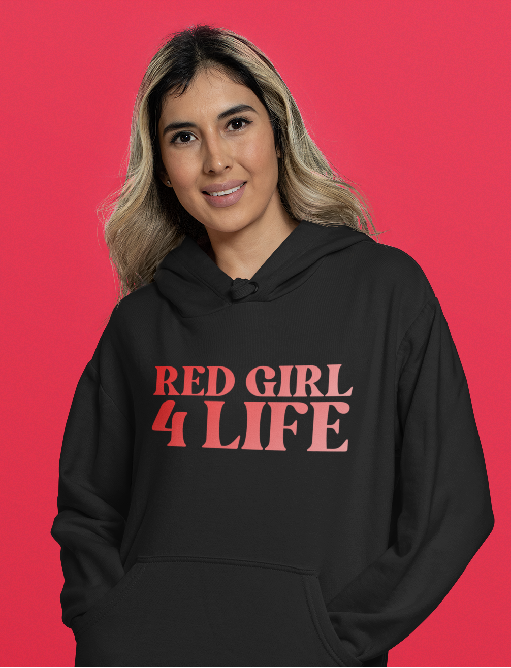 Red Girl 4 Life Hoodie -  Cute Ladies Black Graphic Hoodie, Positive Affirmation Hoodie, Inspirational Unisex Hoodie, Red Fashion Hoodie