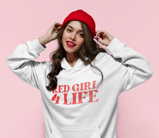 Red Girl 4 Life Hoodie -  Cute Ladies White Graphic Hoodie, Positive Affirmation Hoodie, Inspirational Unisex Hoodie, Red Fashion Hoodie