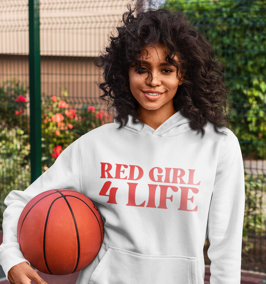Red Girl 4 Life Hoodie -  Cute Youth White Graphic Hoodie, Positive Affirmation Hoodie, Inspirational Hoodie, Red Fashion Hoodie