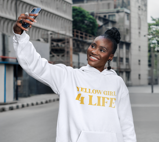 Yellow Girl 4 Life Hoodie - Cute Ladies White Hoodie, Positive Affirmation Hoodie, Inspirational Unisex Hoodie, Yellow Fashion