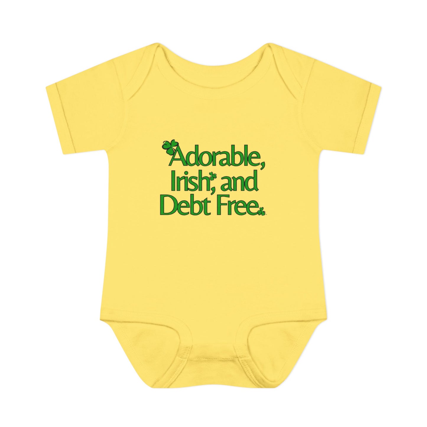 Adorable, Irish & Debt Free Onesie with Purpose! Perfect for St. Patrick's Day in Green, Pink, Black, White and Yellow!
