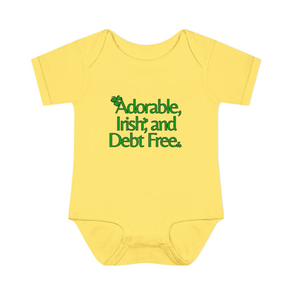 Adorable, Irish & Debt Free Onesie with Purpose! Perfect for St. Patrick's Day in Green, Pink, Black, White and Yellow!