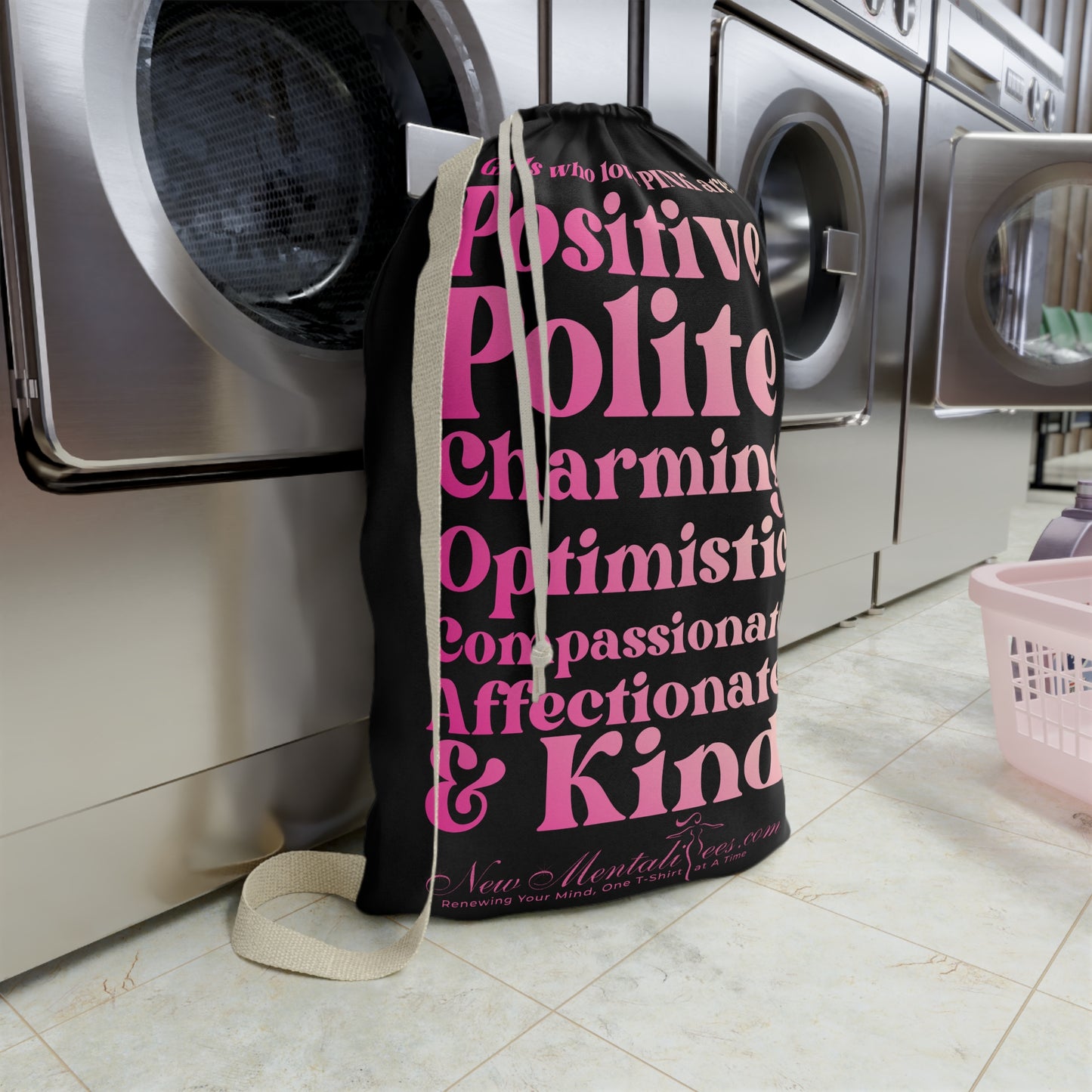 Pink Girl 4 Life Custom Black Laundry Bag – Double-Sided Inspirational Pink Girl Laundry Sack | Spun Polyester Drawstring Bag