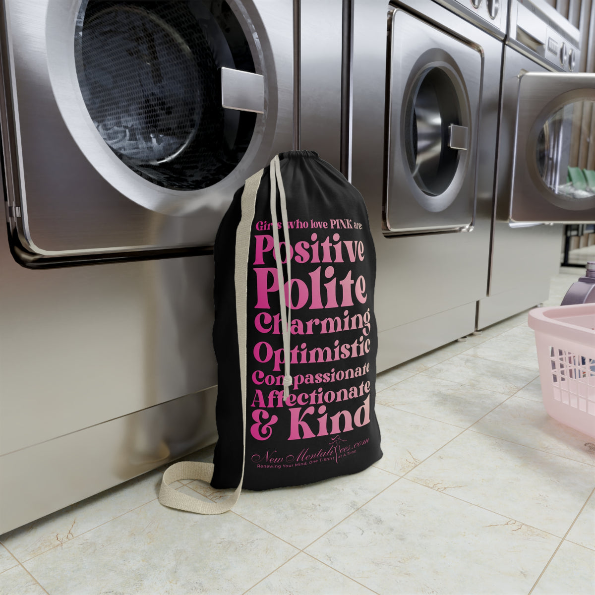 Pink Girl 4 Life Custom Black Laundry Bag – Double-Sided Inspirational Pink Girl Laundry Sack | Spun Polyester Drawstring Bag